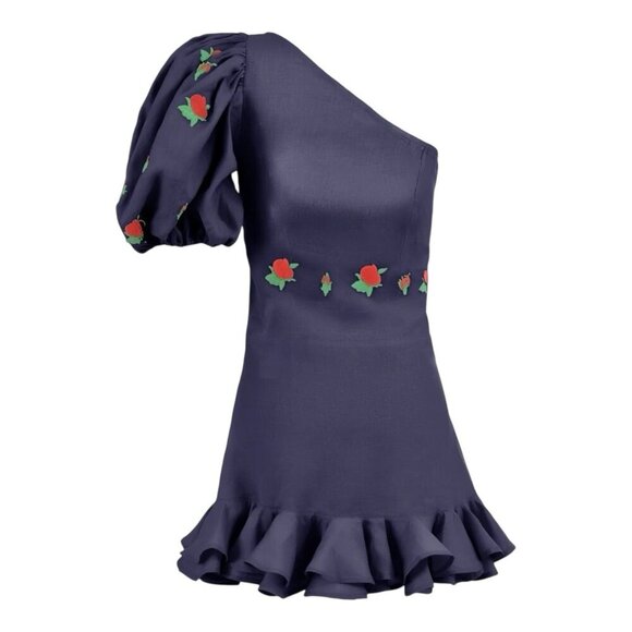 Fanm Mon Flame Size XL Mini Linen One Sleeve Ruffle Hem Floral Embroidery Dress - Picture 1 of 10